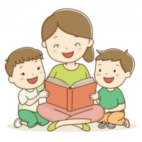 A cheerful mother reading a book to two happy children, engaged and enjoying storytime together. A warm and delightful scene capturing the joy of reading. png