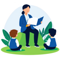 A cheerful teacher reads a storybook to two attentive children in a serene outdoor setting, surrounded by lush greenery, fostering a love for reading and learning. png