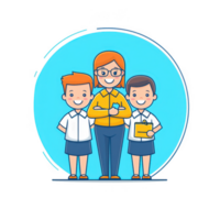 A cheerful teacher standing with two happy students, all smiling. The teacher holds a notebook, and the students are in school uniforms, set against a vibrant blue background. png