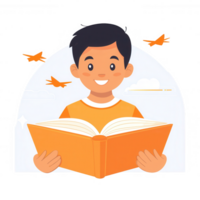 A cheerful young boy reading a book outdoors, surrounded by flying birds, symbolizing the joy of learning and exploration. png