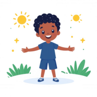A cheerful young boy standing with arms open wide, smiling brightly. Surrounded by sun and playful elements, representing joy and freedom in a playful environment. png