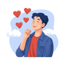 A cheerful young man expresses happiness and affection, surrounded by colorful hearts, in a light and playful illustration with a soft blue background. png