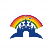 A colorful illustration of a castle silhouette with a vibrant rainbow arching above, representing magic and imagination, perfect for creative and whimsical themes. png