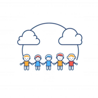 A colorful illustration of diverse characters holding hands under clouds, symbolizing unity, friendship, and community among different cultures. png