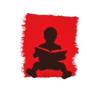A child silhouette reading a book against a red background, emphasizing the joy of reading and imagination. png