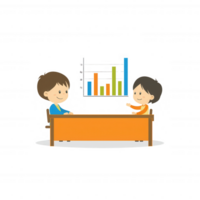 A colorful illustration of two characters discussing data at a table, with a bar graph in the background, representing teamwork and analysis in a friendly atmosphere. png
