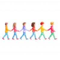 A colorful illustration of diverse children holding hands and walking together in a line. Emphasizes friendship, unity, and joy in a playful and vibrant style. png