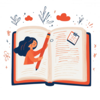 A colorful illustration of a girl writing in a book. She holds a pencil and is surrounded by whimsical elements like plants and clouds, reflecting creativity and imagination. png