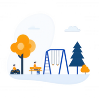 A colorful park scene featuring children playing on swings, a person sitting on a bench, surrounded by trees and fluffy clouds in a bright, cheerful environment. png