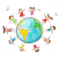 A colorful illustration of children around the globe, showcasing unity and diversity with vibrant colors and joyful expressions. png