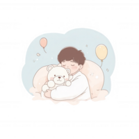 A cute illustration of a boy hugging a teddy bear while surrounded by fluffy clouds and colorful balloons, conveying warmth and joy. png