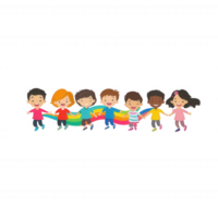 A diverse group of children joyfully holding hands, demonstrating unity and friendship, on a colorful rainbow background. png