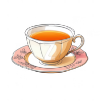 A decorative tea cup filled with tea on a matching saucer, showcasing an elegant design, ideal for tea enthusiasts and relaxation imagery. png
