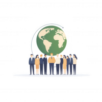 A diverse group of individuals standing together, unified by their connection to the planet. Encircled by a stylized globe, representing global community and collaboration. png