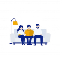 A family enjoys quality time together on a cozy sofa, engaged in reading a book. The warm atmosphere is enhanced by a stylish lamp, showcasing a modern living space. png