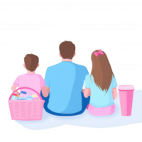 A family enjoying a relaxing day together, seated on the ground with a picnic basket and drink. The scene captures the essence of togetherness and leisure time. png