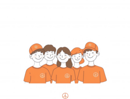 A group of five cheerful individuals wearing matching orange t-shirts and hats, standing together with smiles. Perfect representation of teamwork and camaraderie. png