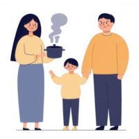 A family enjoying cooking together, with a woman holding a steaming pot and two smiling members by her side, symbolizing togetherness and joy in the home. png