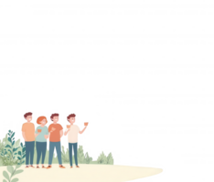 A group of friends enjoying a day out together, capturing happy moments on their phones while surrounded by greenery, fostering connections and teamwork in a vibrant atmosphere. png