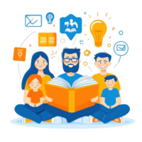 A family of four sits together, joyfully reading a large book. Colorful icons around them represent knowledge and creativity, capturing the essence of shared learning. png