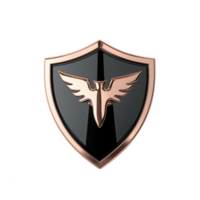 A glossy black shield emblem featuring a stylized eagle design in rose gold, symbolizing strength and protection, perfect for branding or graphic design. png