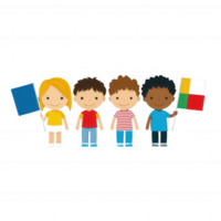 A group of diverse children holding flags representing different countries. Each child is dressed in colorful clothing, promoting unity and cultural diversity. png