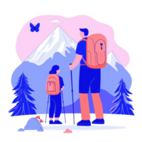 A father and child hike in the mountains, surrounded by tall trees and vibrant scenery, enjoying nature and outdoor activities on a sunny day. png