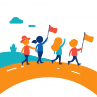 A group of cheerful people walking together, holding colorful flags on a vibrant landscape, symbolizing unity and celebration in an engaging and playful style. png