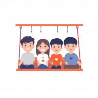 A group of four cheerful friends enjoying their time on a swing, showcasing friendship and fun against an isolated background. png