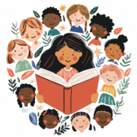 A diverse group of children surrounded by plants and flowers, joyfully listening to a story being read by a girl png