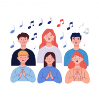 A group of diverse individuals singing together with musical notes in the background, showcasing unity and joy in music. png