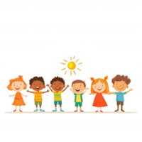 A group of happy children of diverse backgrounds standing together while smiling under a bright sun. They celebrate friendship and joy in a colorful, cheerful illustration. png