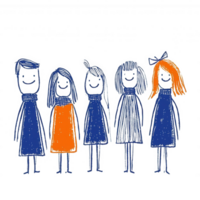 A group of five stylized characters with cheerful expressions, showcasing diversity in colors and styles. Each character has unique hair and outfits, perfect for illustrations. png
