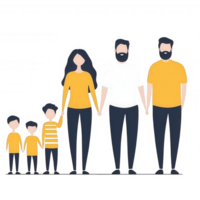A happy family of five with two parents and three children, all dressed in yellow and white outfits, standing together and holding hands against a white background. png