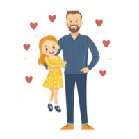 A happy father carrying his smiling daughter, surrounded by hearts, showcasing a loving family bond. png