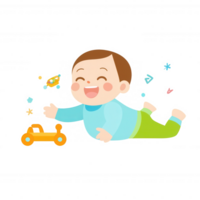 A joyful baby playing on the floor with colorful toys, featuring a bright smile and a playful atmosphere. Ideal for family and childhood themes. png