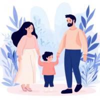 A happy family of three enjoys a moment together in a serene setting, surrounded by gentle foliage, embodying togetherness and love. png