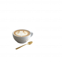 A beautifully crafted latte art displayed in a white ceramic cup with a golden spoon, perfect for coffee lovers and cafe aesthetics. Ideal for beverage promotions and food blogs. png
