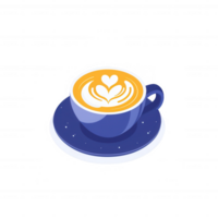 A beautifully crafted latte in a blue cup with intricate foam art, resting on a matching saucer. Perfect for coffee lovers and cafe atmosphere. png