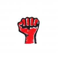 A bold, stylized red fist symbolizing strength and resistance, isolated on a white background. This graphic conveys themes of empowerment and social justice. png