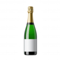 A bottle of champagne with a sleek design, featuring a golden cork and a blank label, isolated on a white background, perfect for celebrations, events, and luxury settings. png