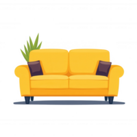 A bright yellow couch with two pillows and a decorative plant, perfect for adding color and comfort to any living room setting. png