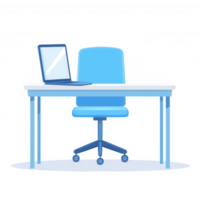 uma brilhante e moderno escritório configuração apresentando uma azul mesa, uma girar cadeira, e uma computador portátil. perfeito para controlo remoto trabalhos ou co-trabalho espaços, enfatizando produtividade e organização. png