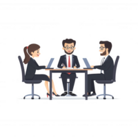 A business meeting with three professionals collaborating at a table, each using laptops to discuss strategies and ideas in a modern office setting. png