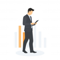 A businessman in a suit analyzes data on a digital tablet, with a bar graph in the background showing growth. Ideal for finance and corporate themes. png