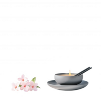 A calming arrangement featuring a gray candle holder, a burning candle, and delicate pink flowers. Ideal for relaxation and wellness themes. png