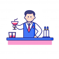 A cartoon bartender serving a cocktail in a vibrant setting, showcasing a lively atmosphere ideal for fun and enjoyment. png