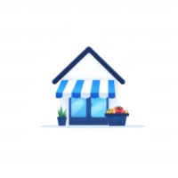 A charming storefront with a blue striped awning and a display of fresh fruits and plants, set against a white isolated background. png