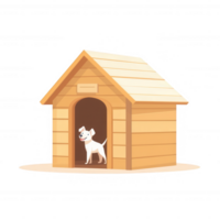 A cartoon-style illustration of a happy dog standing at the entrance of its wooden doghouse, set against a white background. png