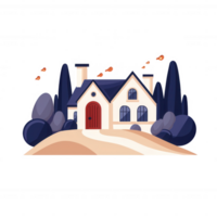 A charming house set on a gentle hill, surrounded by lush trees and a winding path leading to a welcoming front door, creating a picturesque and inviting scene. png